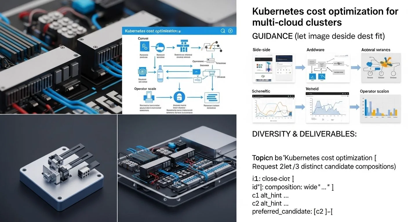 Dashboard charts and cloud logos around Kubernetes clusters, showing cost savings across multiple clouds.
