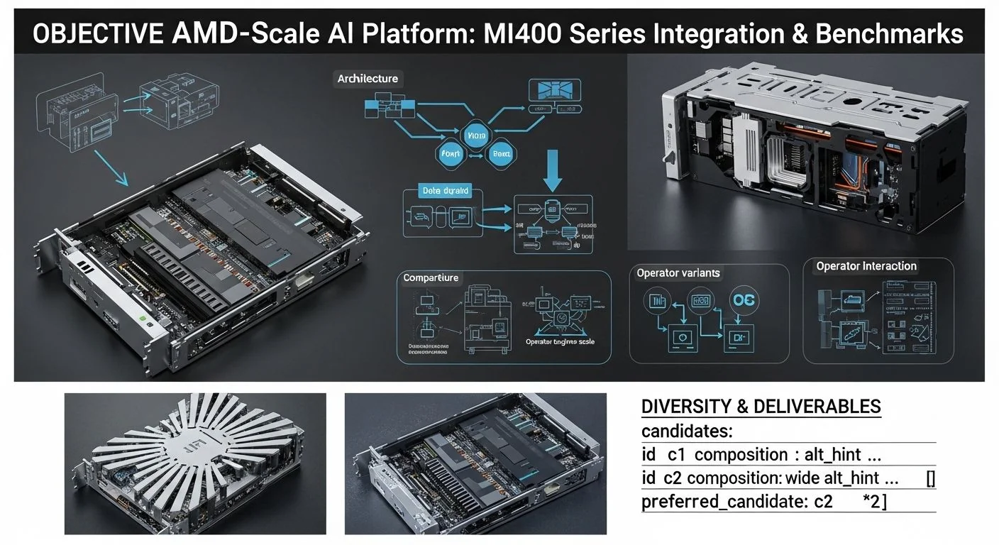 AMD Helios server rack with MI400 series GPUs and performance benchmark charts displayed on monitors.