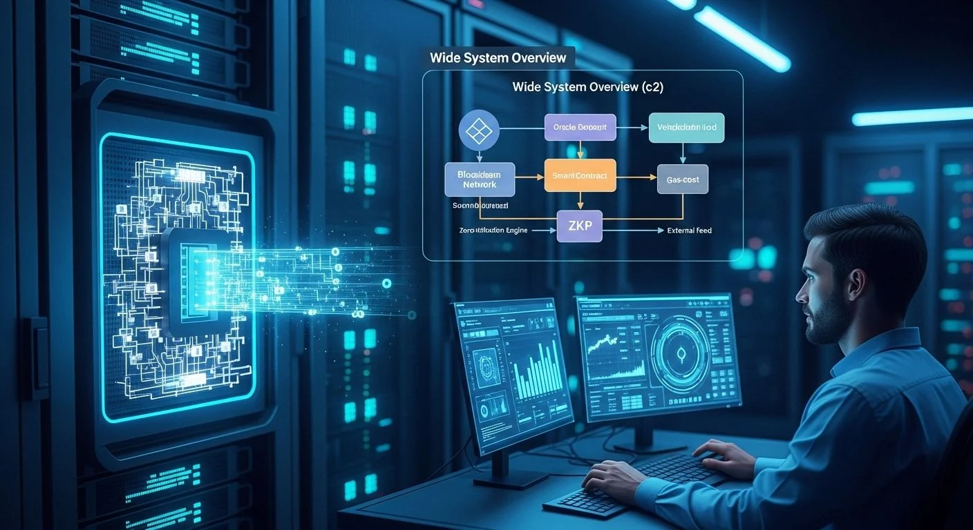 Flowchart showing blockchain oracle, zero-knowledge proof badge, checklist steps, and 2026 calendar icon.