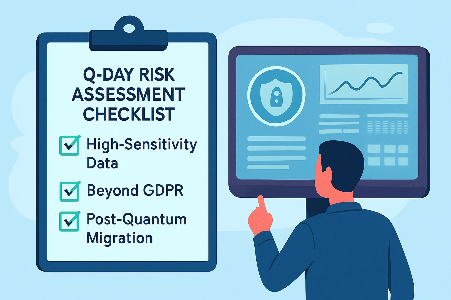 Checklist document titled 'Q-Day Risk Assessment' with sections on identifying high-sensitivity data beyond GDPR.