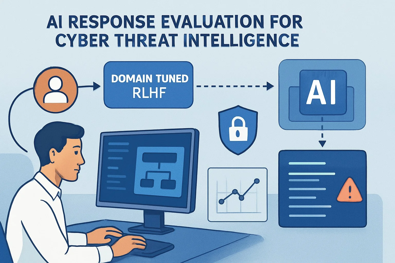 Screen showing AI scoring cyber threat intelligence with graphs and RLHF feedback loop arrows.