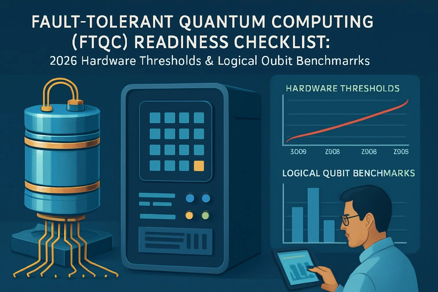 Checklist diagram showing FTQC hardware thresholds and logical qubit benchmarks for 2026 readiness.