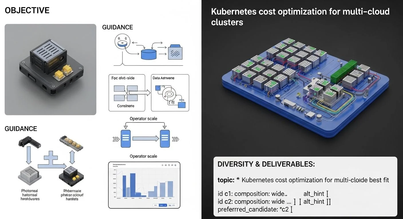 Dashboard charts and cloud logos around Kubernetes clusters, showing cost savings across multiple clouds.