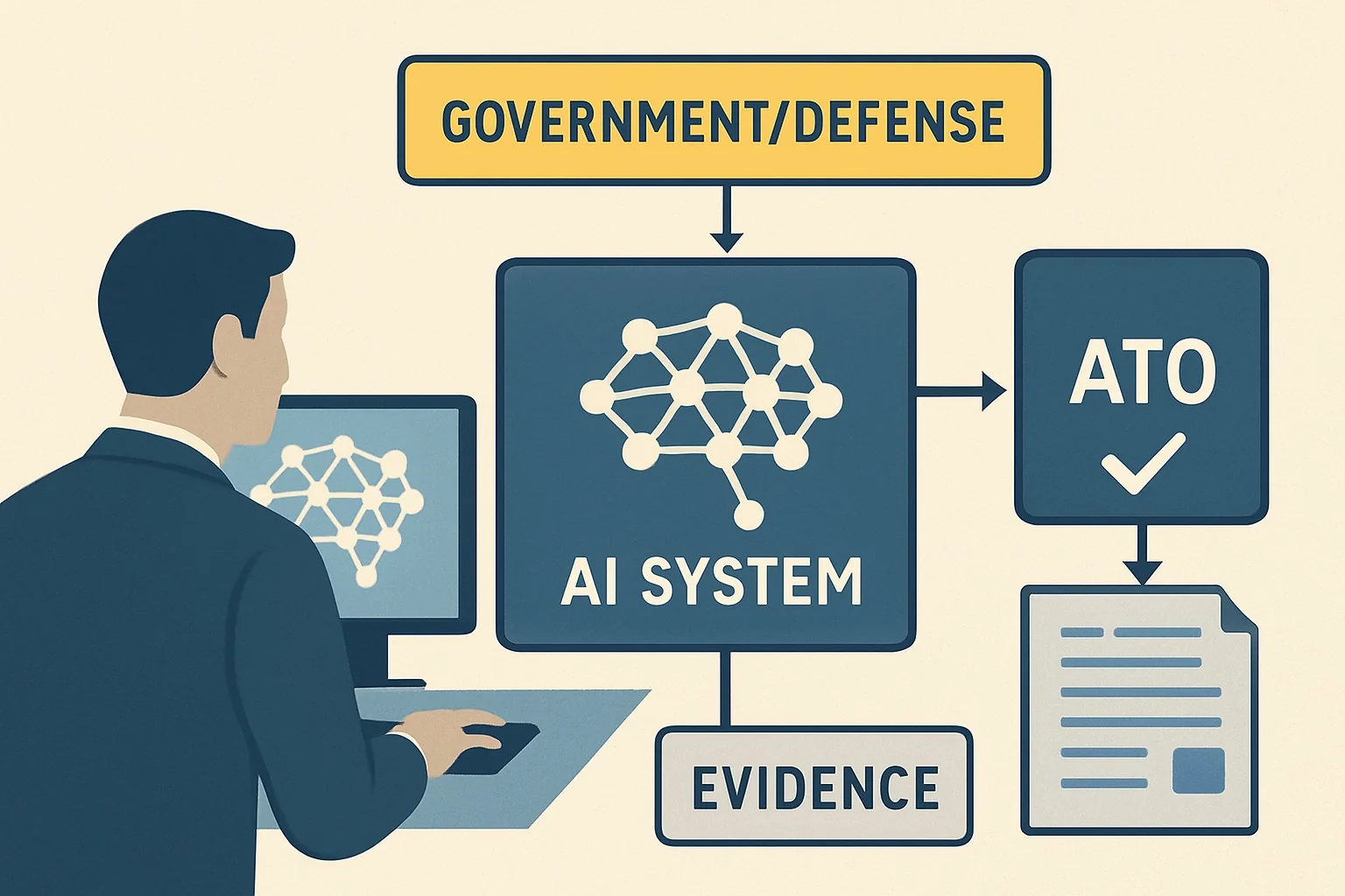 Manila folder labeled “ATO evidence,” military procurement forms, and flowchart showing AI authorization steps.
