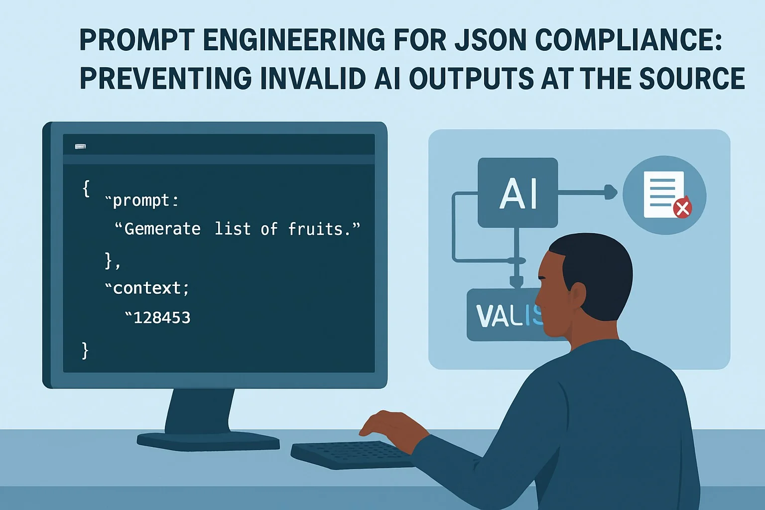 Diagram illustrating prompt engineering techniques to ensure AI generates valid JSON outputs