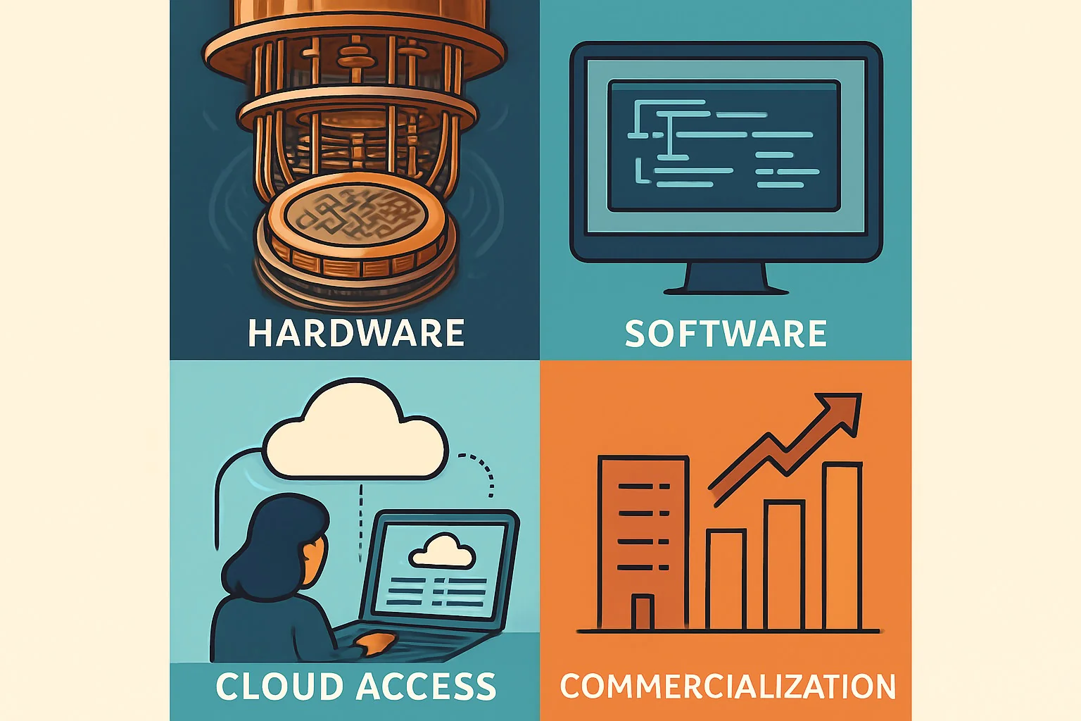 Comparison chart of leading quantum computing companies, showing hardware, software, cloud access, and commercialization progress in 2026.
