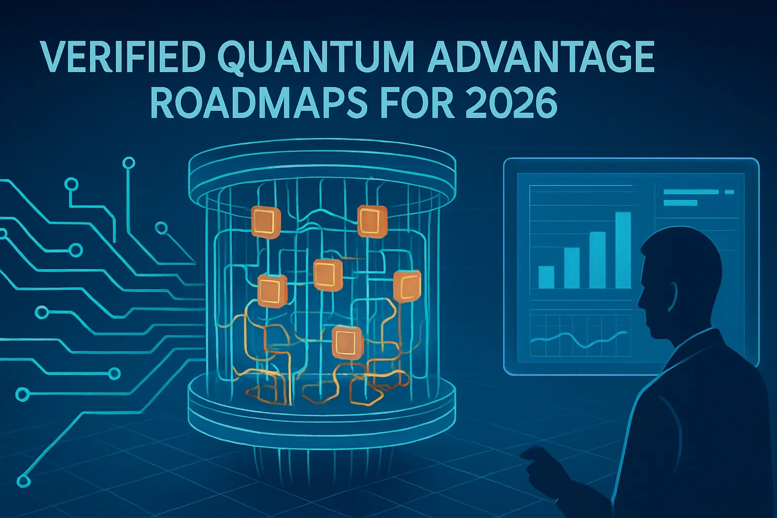 Infographic displaying verified quantum advantage roadmaps targeting 2026 milestones