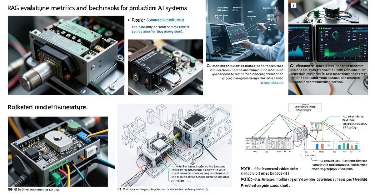 Dashboard of RAG evaluation metrics, benchmark charts, and production AI system performance indicators.