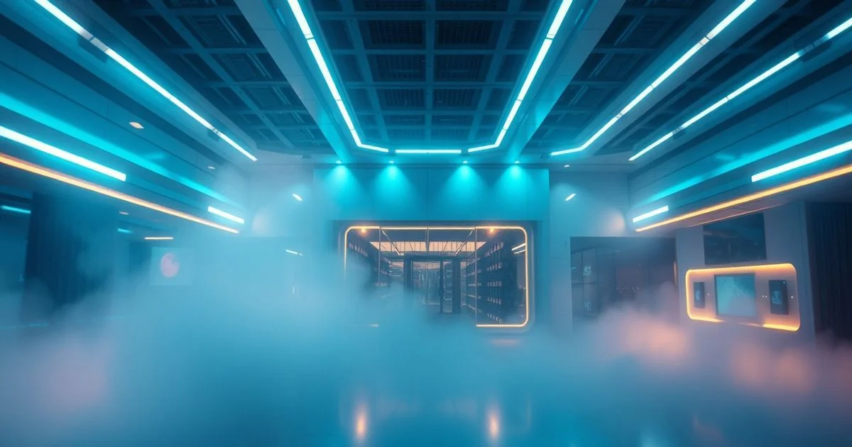 Smart home room with glowing sensors and holographic icons adjusting lighting and temperature automatically.
