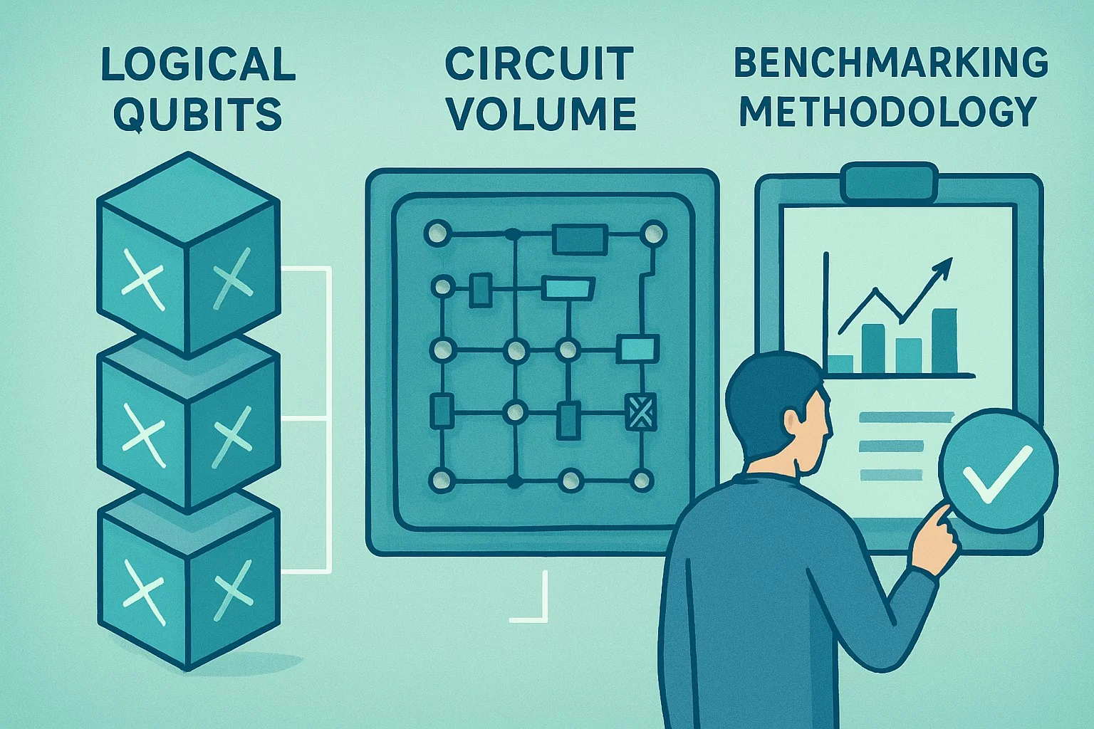 Chart displaying quantum computer metrics: logical qubits, circuit volume, and benchmarking methods