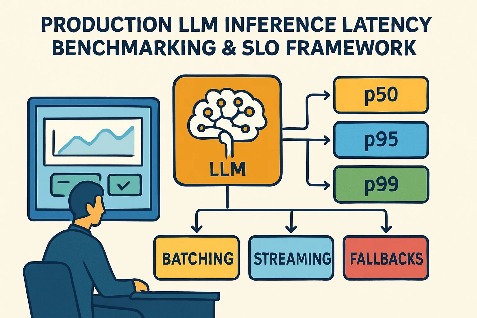 Dashboard chart showing p50, p95, p99 latency for batching, streaming, and fallback routes