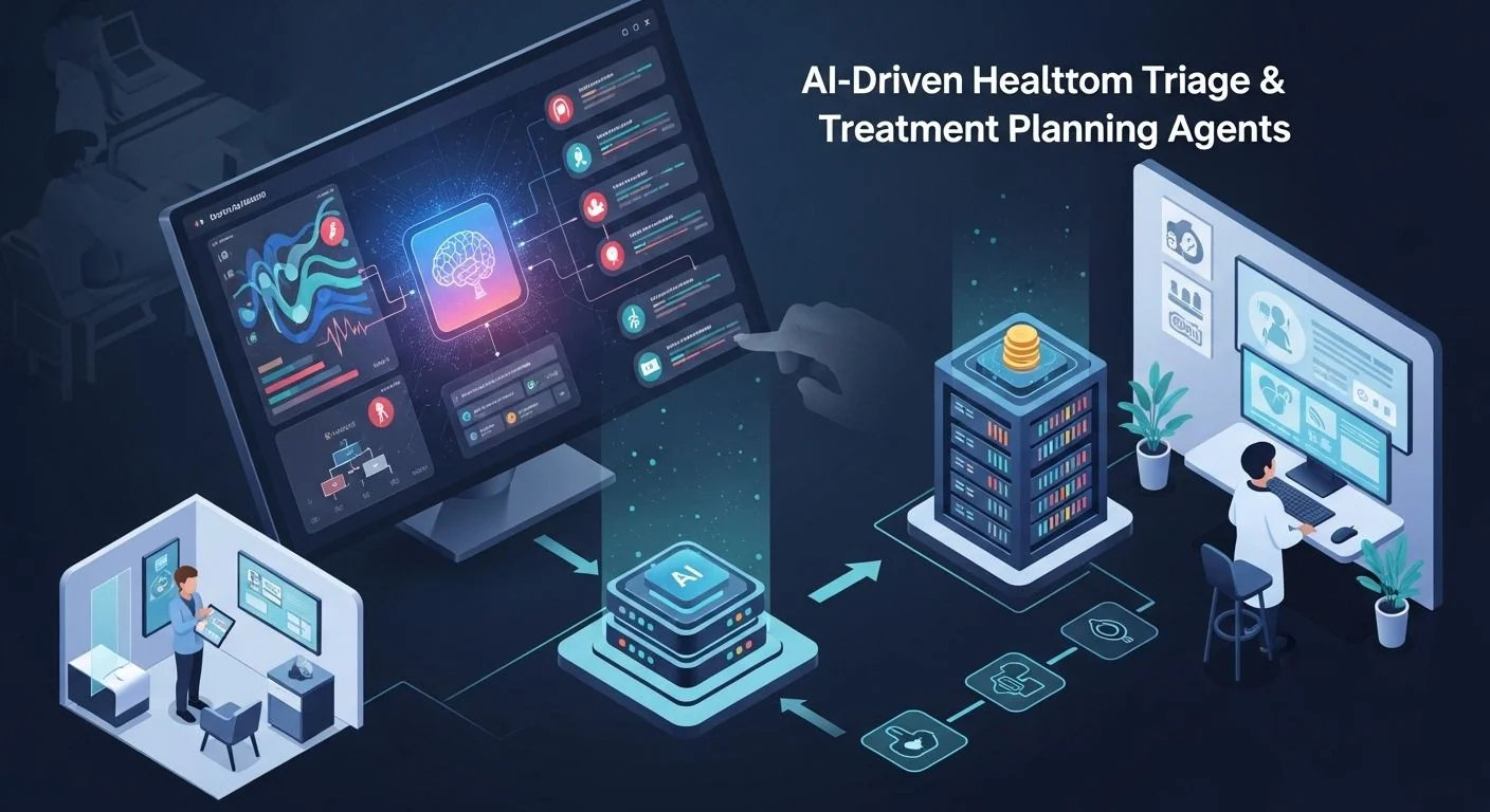 Medical professional reviewing digital health data on multiple screens with AI analytics dashboard.