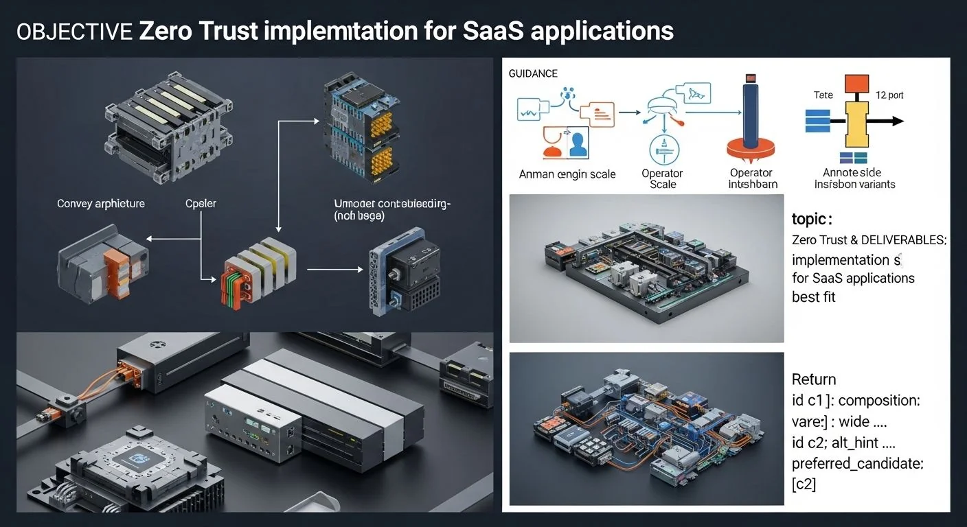 Diagram showing SaaS app icons, shield, user verification, and segmented access lines labeled Zero Trust.