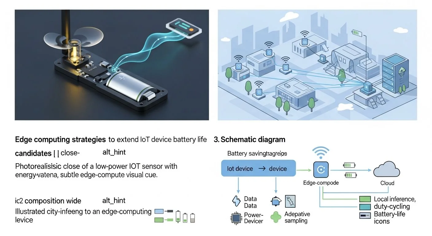 IoT sensors connected to edge gateway, battery icon, cloud link diagram on screen.