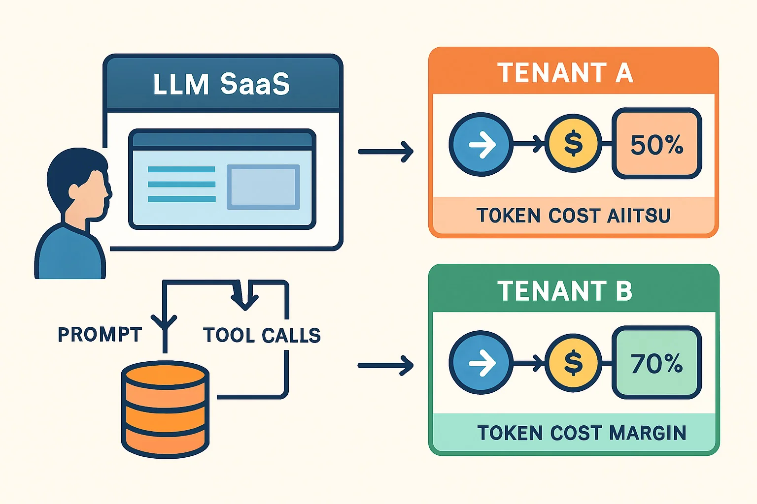 Dashboard showing per-tenant token costs, chargeback amounts, and margin breakdown for a multi-tenant LLM SaaS.
