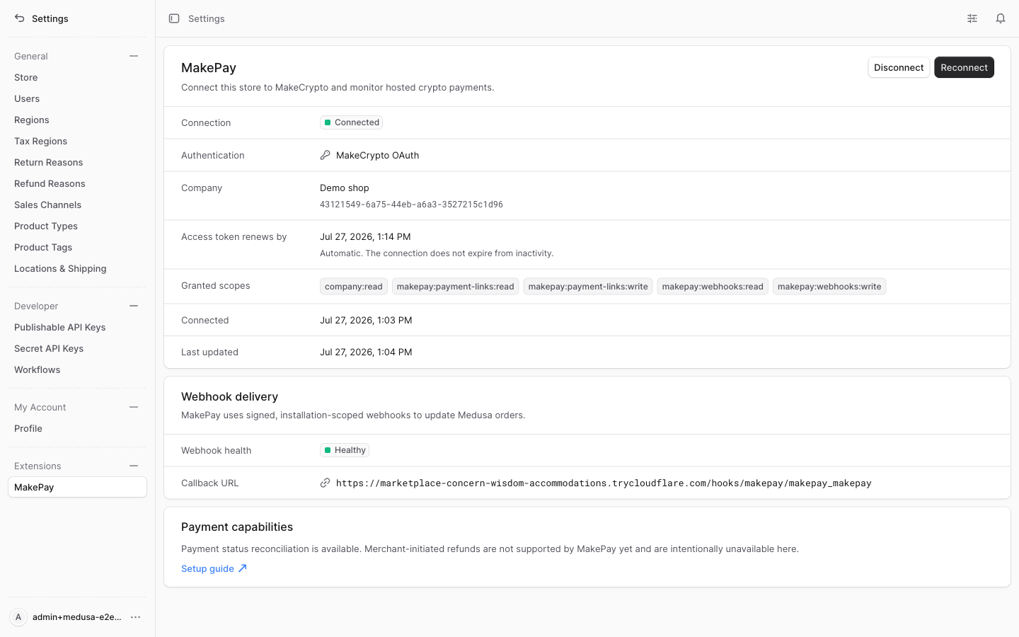 Connected MakePay OAuth settings in Medusa Admin