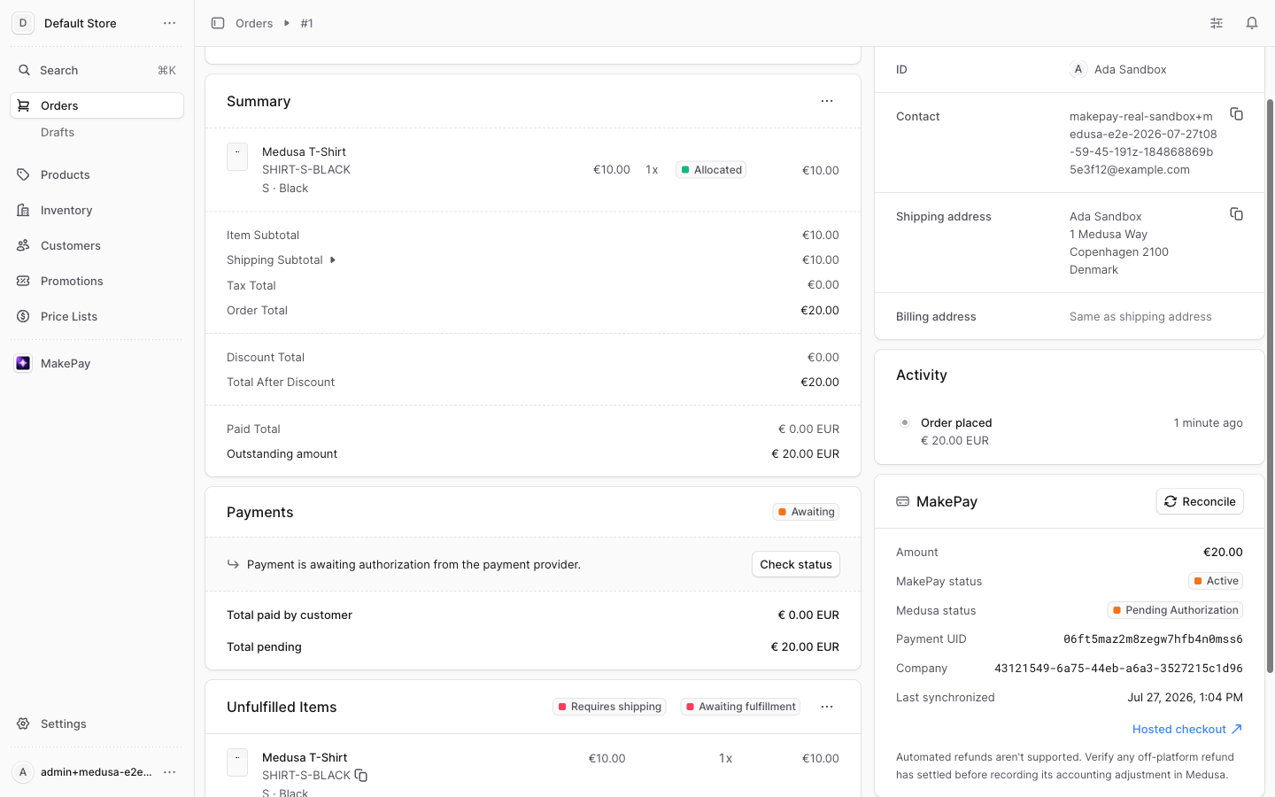 MakePay order widget in Medusa Admin