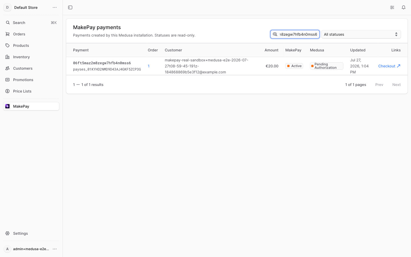 MakePay payment list in Medusa Admin