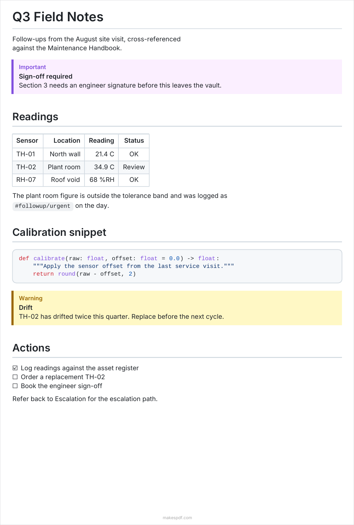 An Obsidian note exported to PDF, showing heading hierarchy, a GFM alert, an aligned table, a syntax-highlighted code block, and a task list