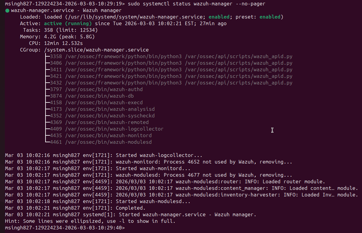 图 5:路由器上运行的 Wazuh Manager——代理管理和警报关联服务处于活动状态
