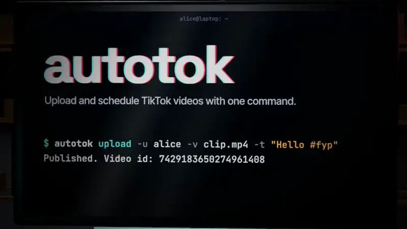autotok in 38 seconds: log in once, then one command uploads your video to TikTok, now or scheduled, on any of your accounts