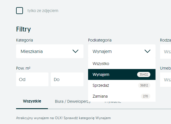 Wybrana kategoria mieszkania, a podkategoria wynajem
