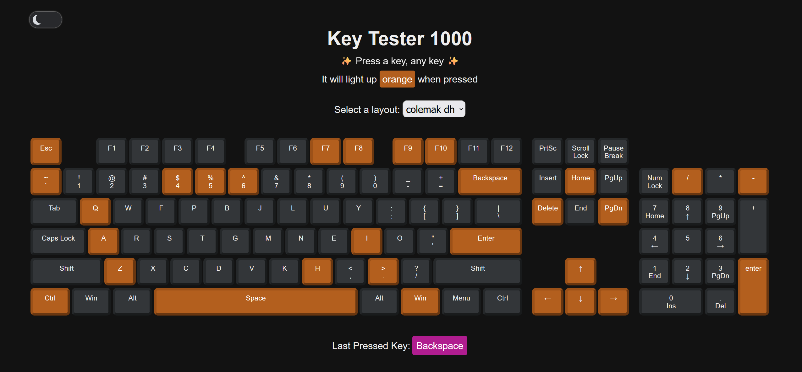 screenshot of the key tester in dark mode with some keys lit up