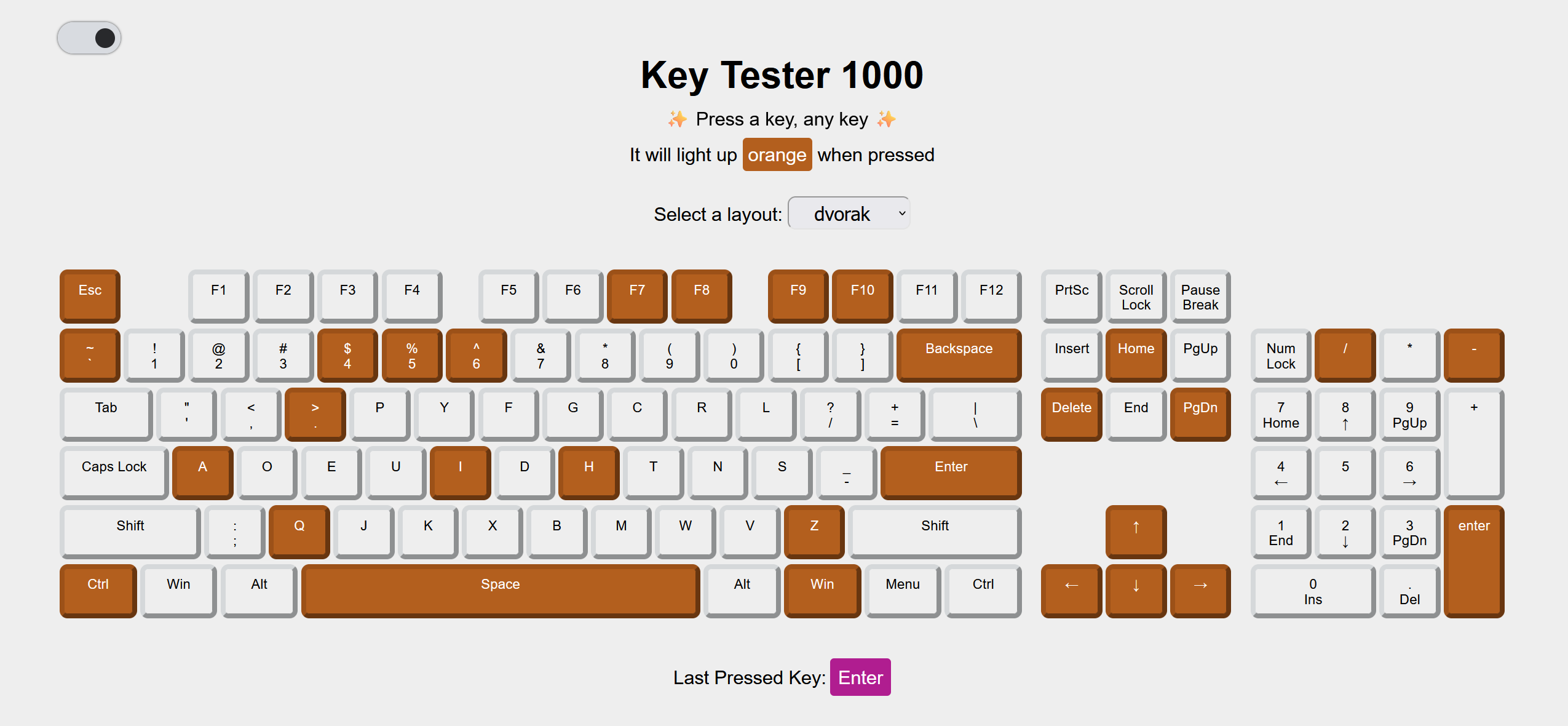 screenshot of the key tester in light mode with some keys lit up