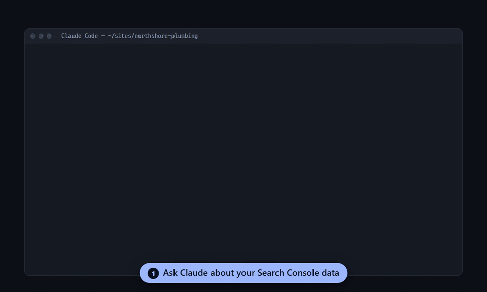 Demo of the Google Search Console connector: Claude Code answers "How did my site do this week?" with Search Console clicks, rankings and a fix to make; one command exports every GSC report as CSV; the local SEO dashboard shows the clicks trend and striking-distance keyword opportunities