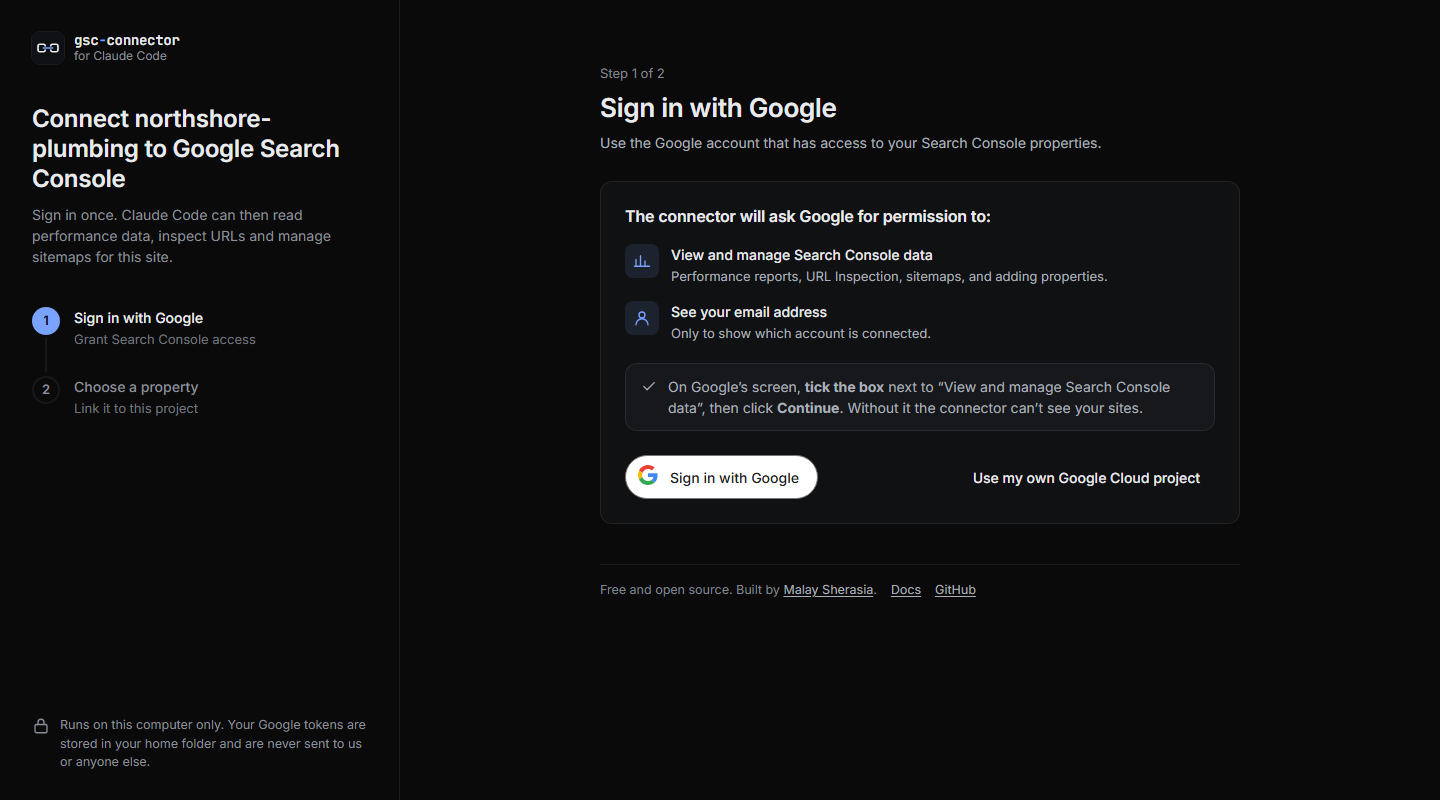 Connect page: Sign in with Google, with a reminder to tick the Search Console box on Google's screen