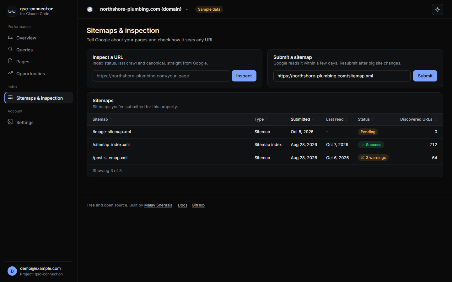 Sitemaps status and URL Inspection