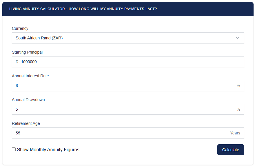 Living Annuity Calculator Input Form