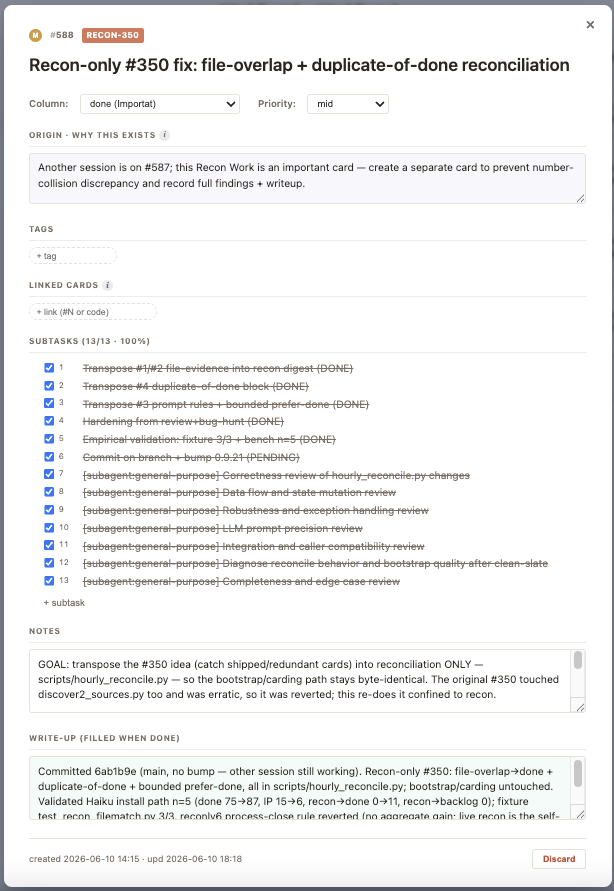 A card with subtasks expanded — every step of the work, visible at a glance