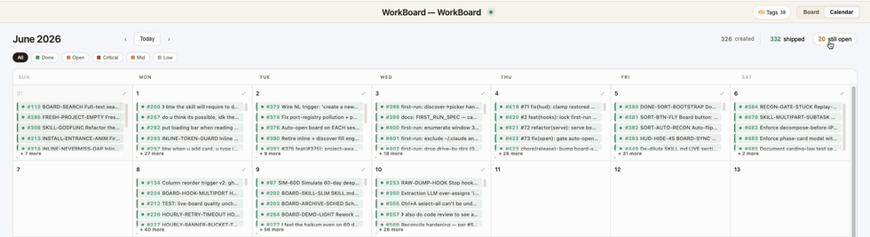 Calendar view — what shipped, day by day, with what's still outstanding
