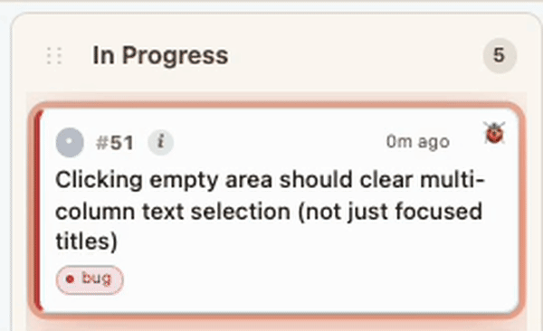 A card pulsating in the In Progress column — at a glance, you can see which task Claude is currently working on, even with multiple sessions running