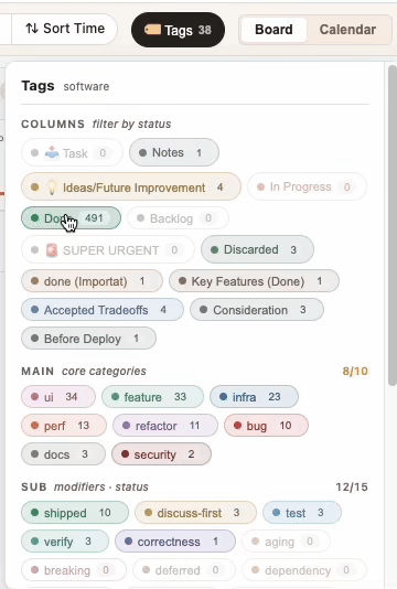 Clicking a tag chip filters the board down to only cards carrying that tag — UI, security, bug, etc.