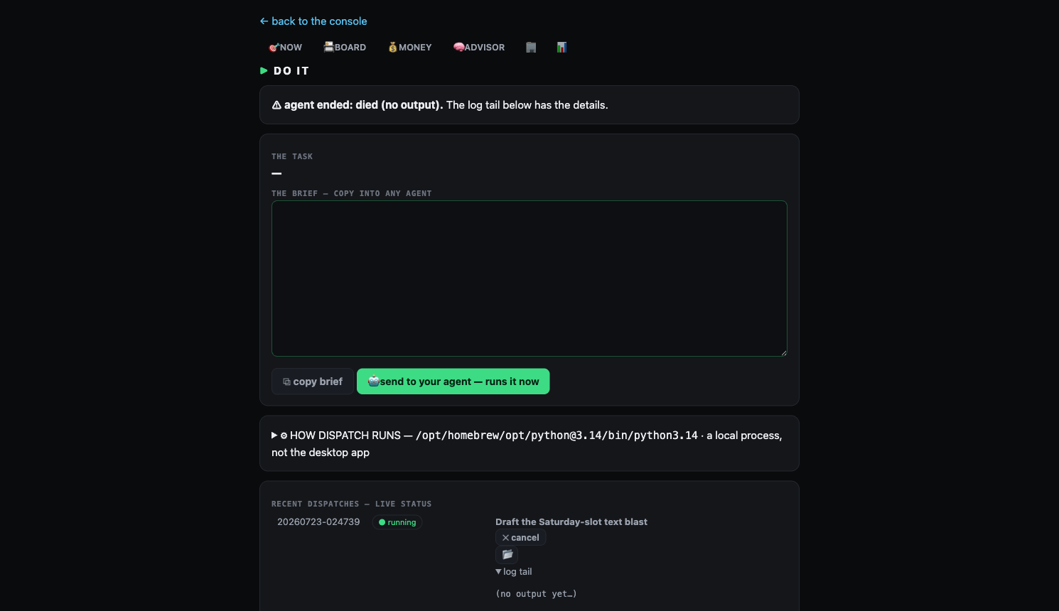 opsroom — a dead agent run turns the console red