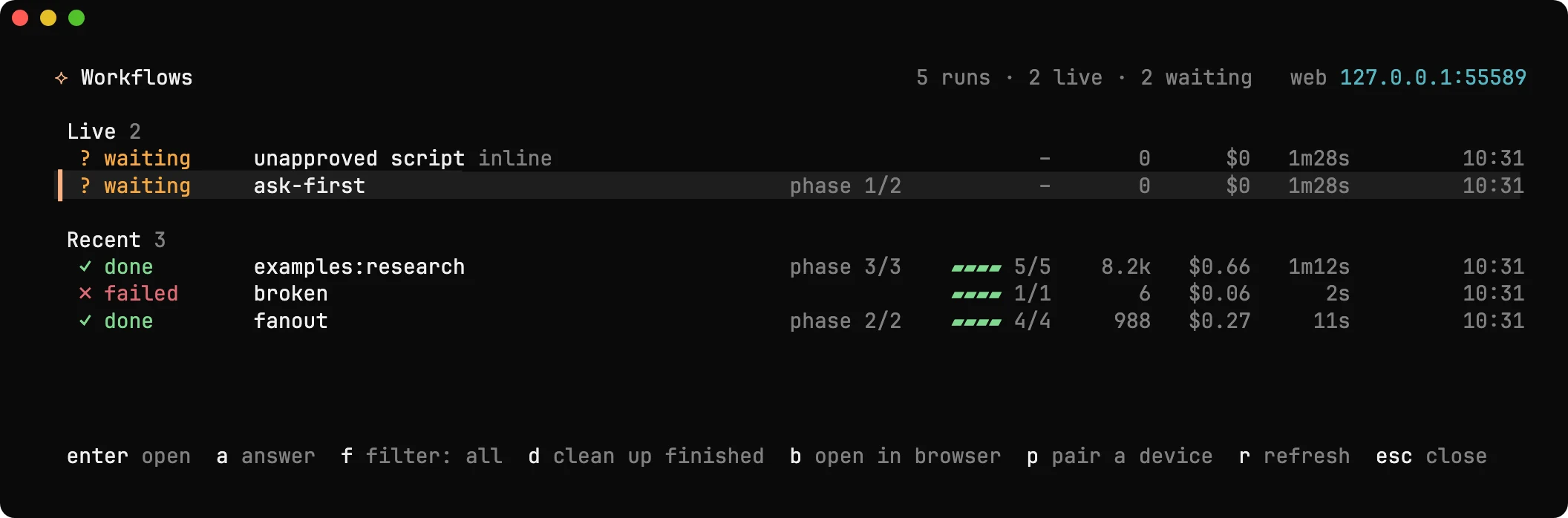 The TUI's Run library: Live Runs (one running with a progress meter, two waiting) and Recent Runs (done and failed), with phase, Units, tokens, cost, time and the web app's address