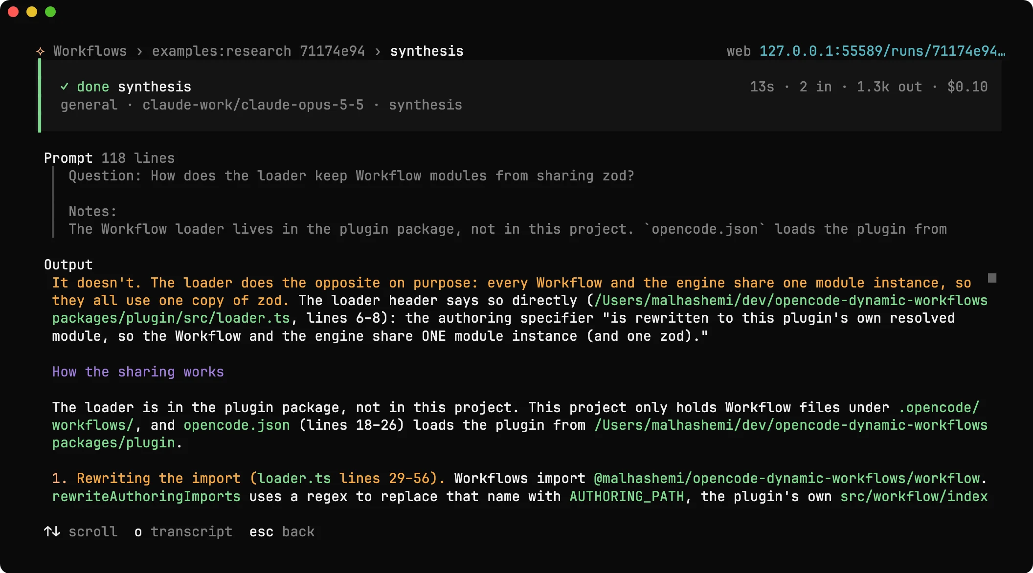 A Unit in the TUI: its header card with agent, model and phase, the prompt as a quote, and the output rendered as markdown