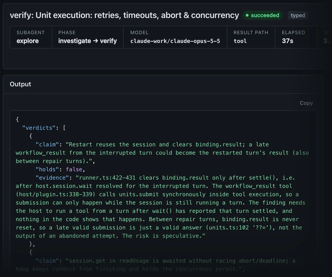 A Unit page: a verify Unit on claude-work/claude-opus-5-5 whose result path is tool, with its validated JSON output of verdicts