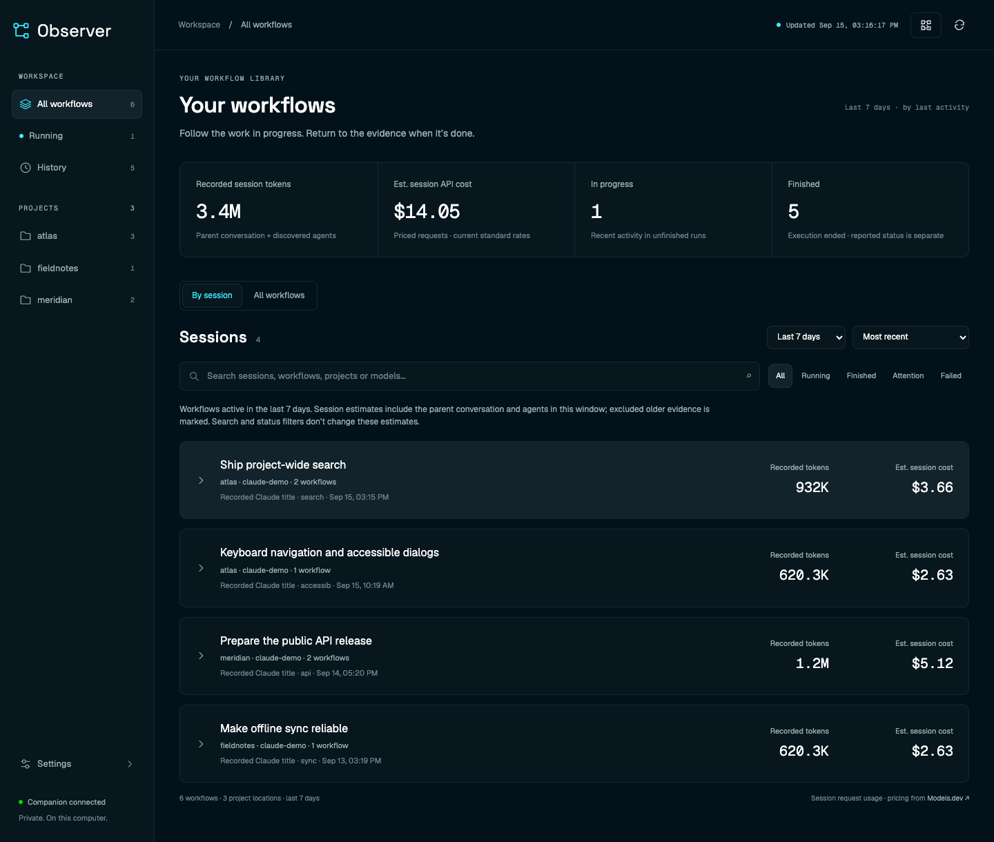 Workflow library grouped by named sessions, with recorded tokens and estimated session costs