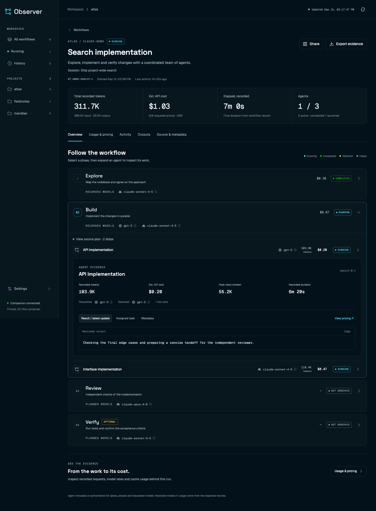 Workflow detail with phases, models and an expanded agent