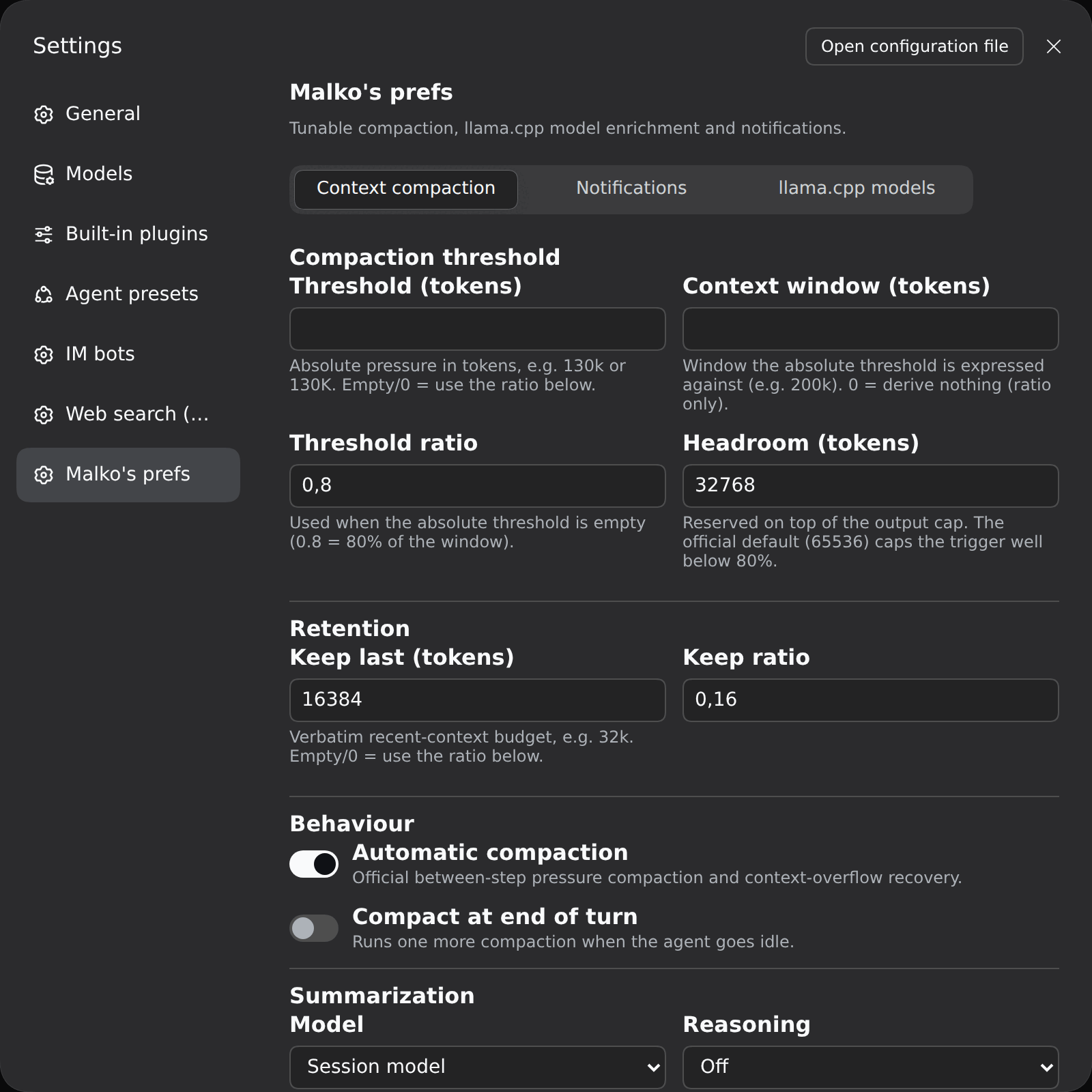 Context compaction settings
