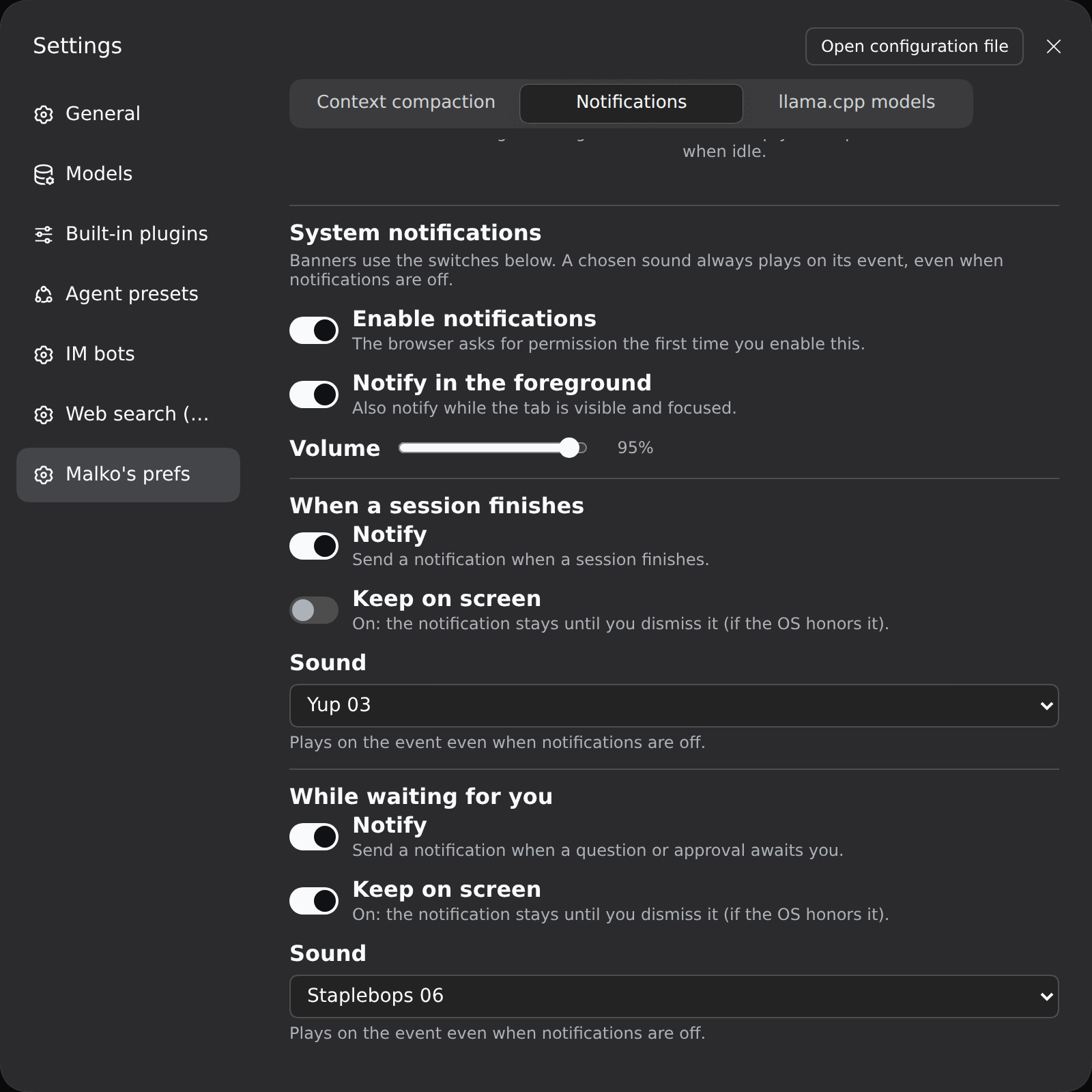 Sound settings