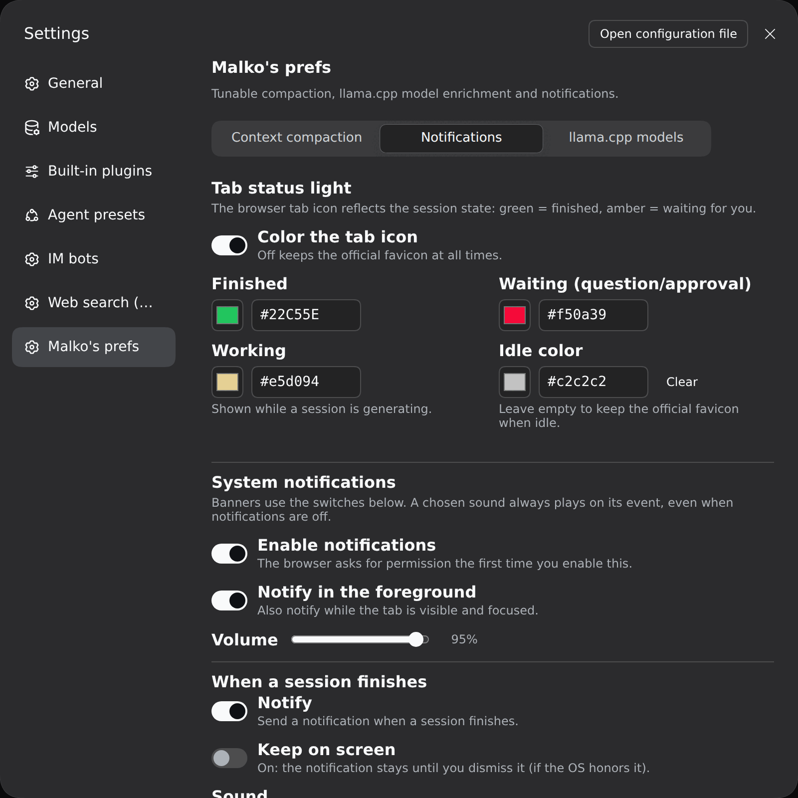 Notifications settings