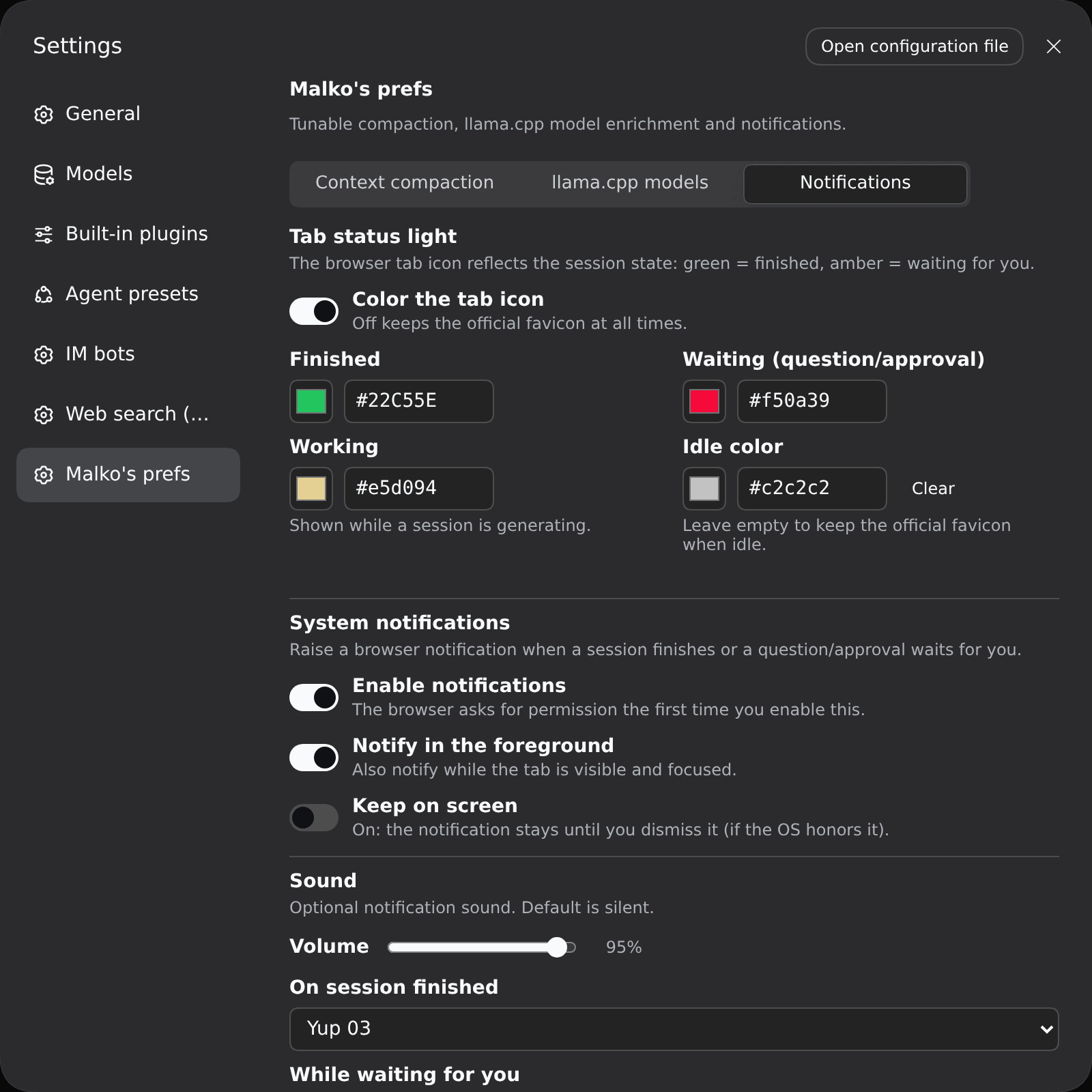 Notifications settings
