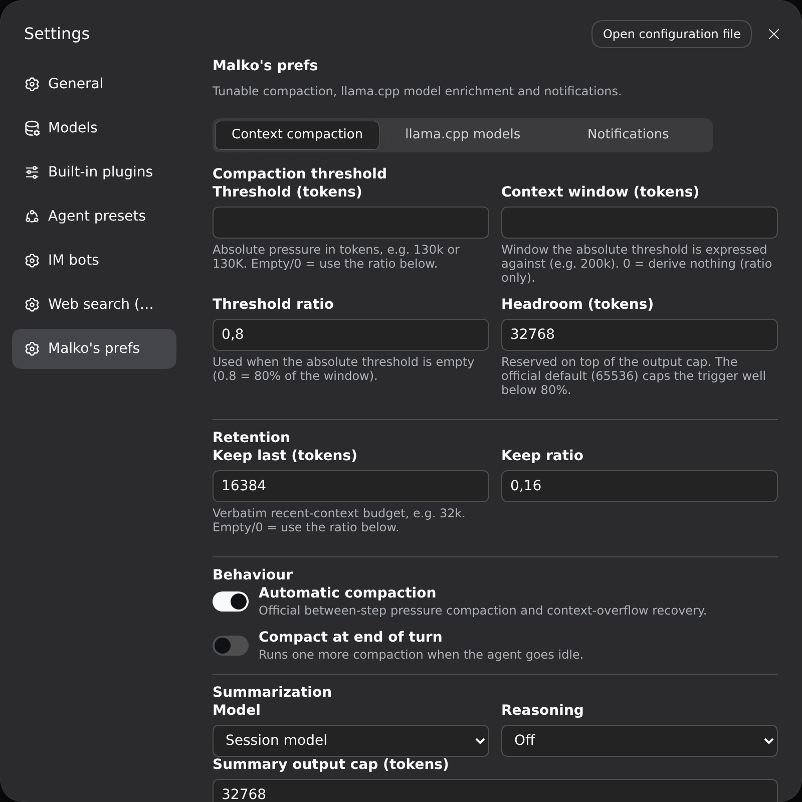 Context compaction settings