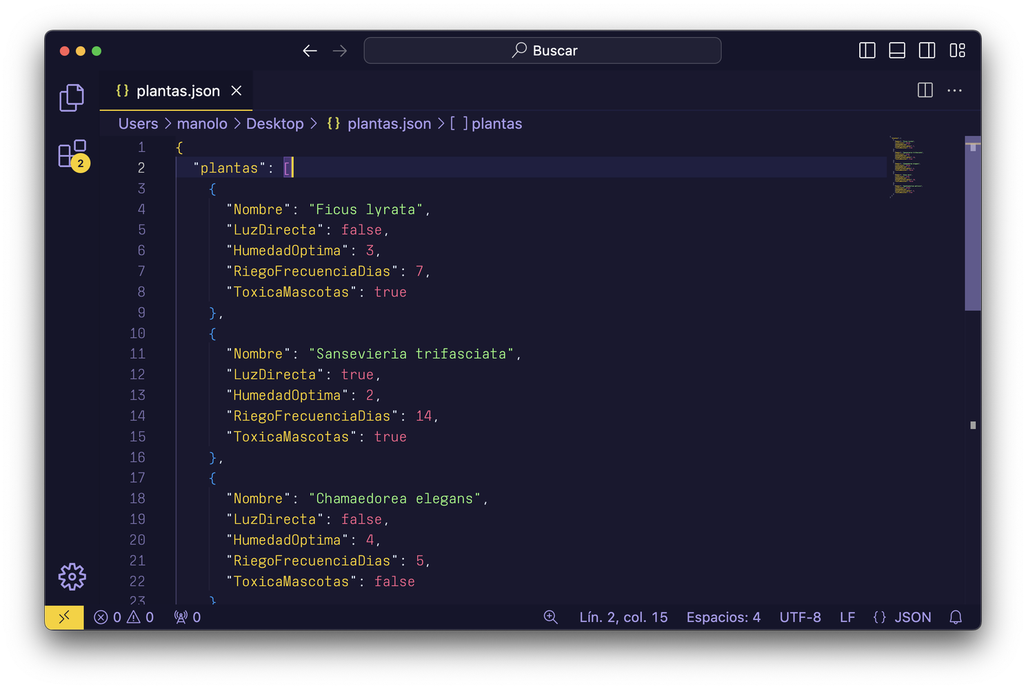 Sample JSON message with info about plants