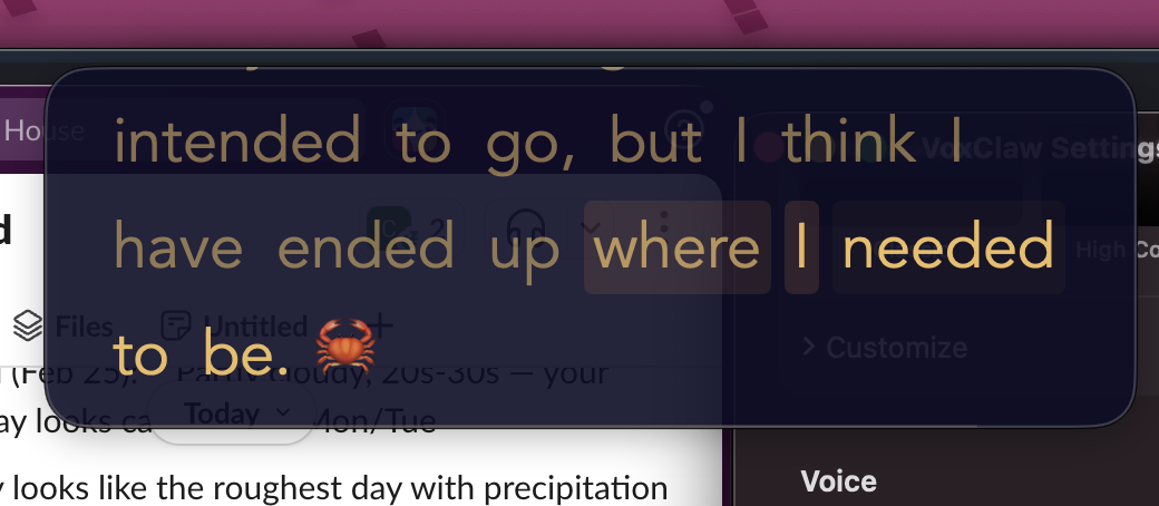 VoxClaw overlay panel showing live highlighted text