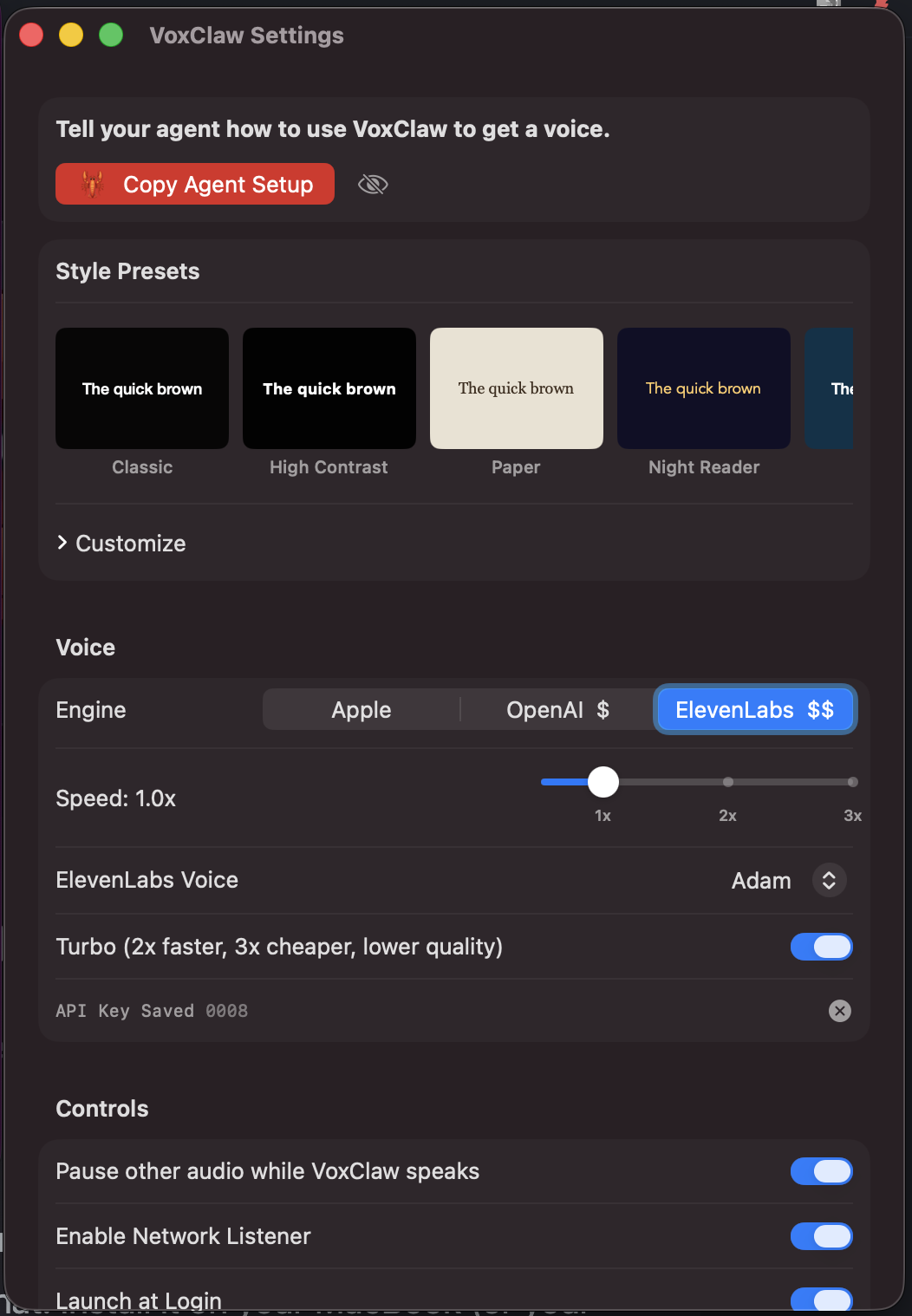 VoxClaw settings panel with voice controls and style presets